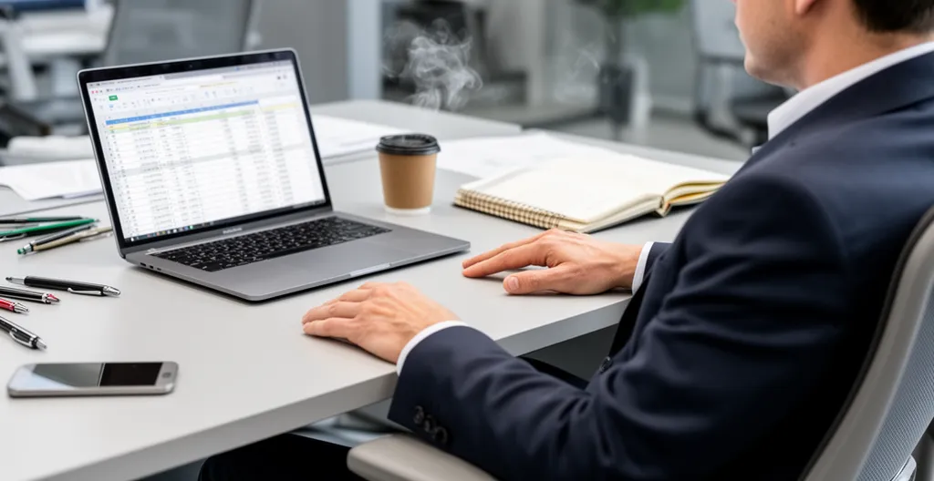 Person at desk leaning back viewing laptop with spreadsheet visible
