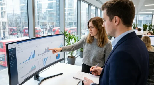 Two professionals discussing commission data on monitor in modern office