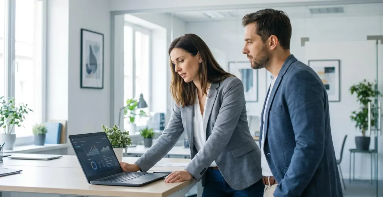 Two business professionals reviewing commission data on a laptop in a modern office environment