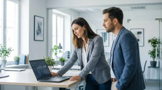 Two business professionals reviewing commission data on a laptop in a modern office environment
